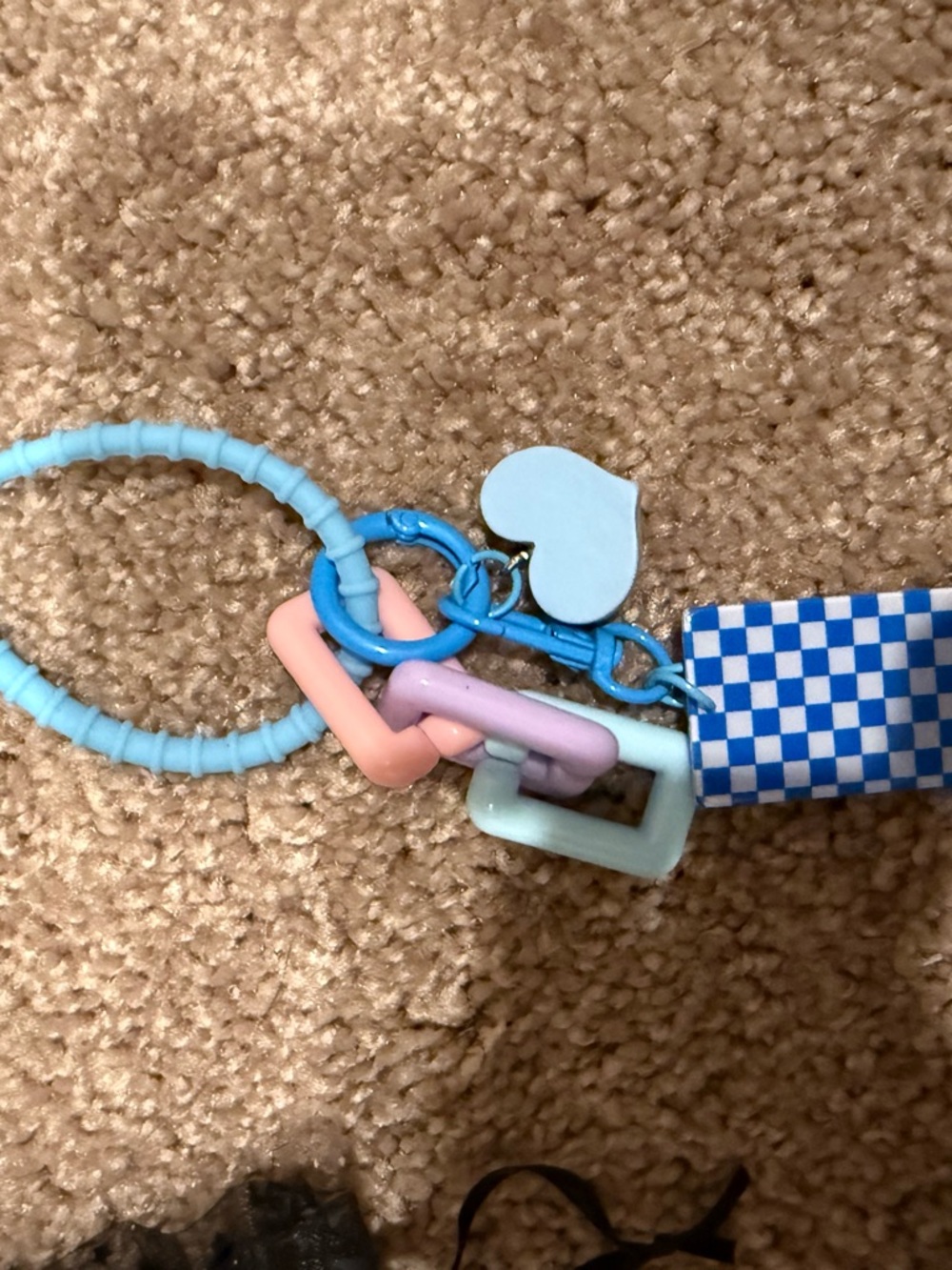 Blue Checker Wrist Lanyard with Pastel Chain and Heart Charm